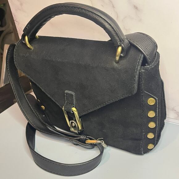 Lionel Black Suede & Leather Crossbody Bag / Top Handle Bag w/ Gold Brass Studs - Picture 13 of 14